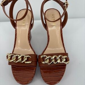 Guess Women's Ankle Strap Wedge Sandal Crocodile Gold 10M Brown Gold Platform